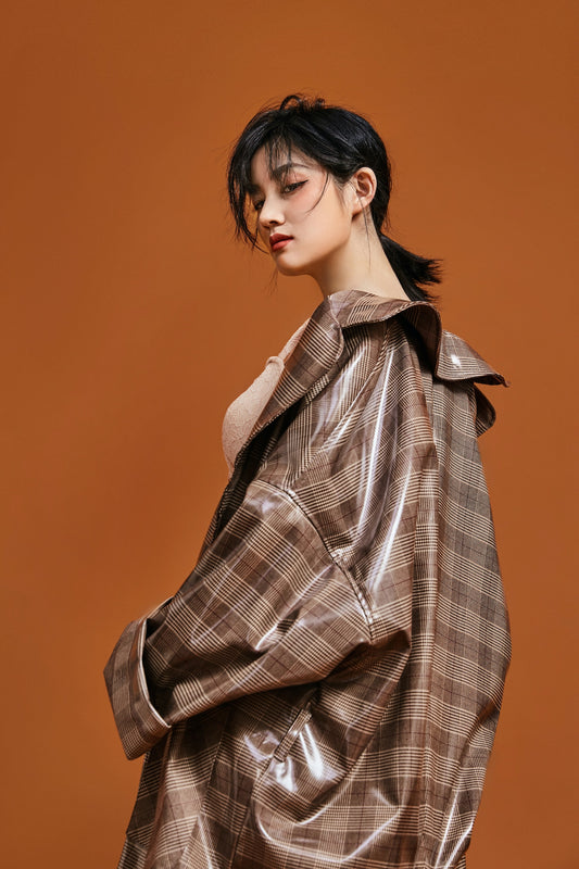 Fake leather check pattern over size shirt coat